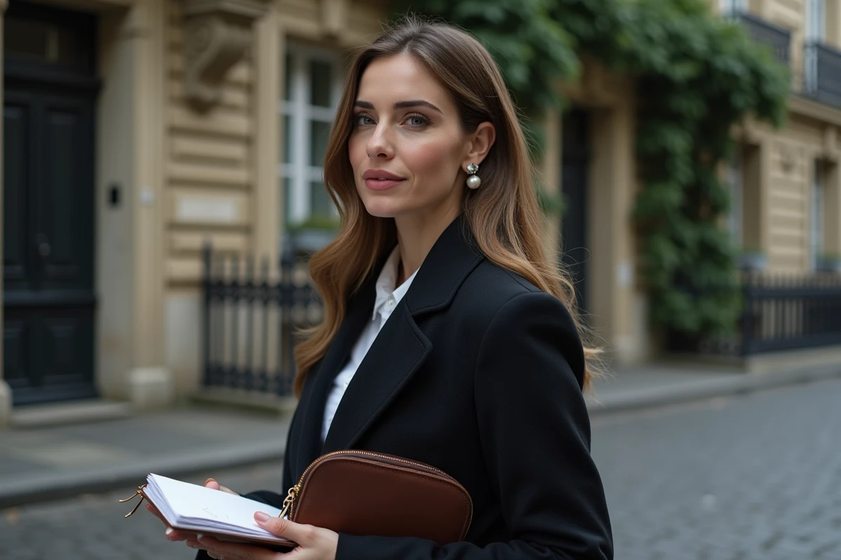 Femme élégante devant un immeuble haussmannien parisien tenant un carnet, style reportage éditorial