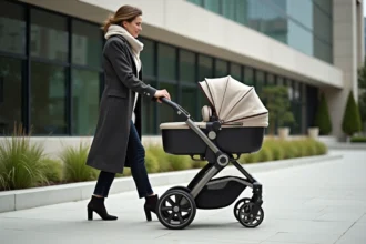Femme élégante poussant une poussette de luxe en ville