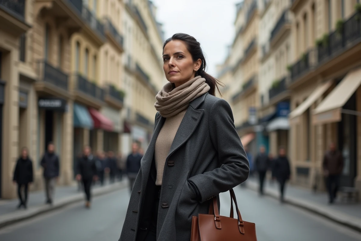 Femme élégante en manteau gris marchant dans une rue parisienne aux façades haussmanniennes, style reportage éditorial