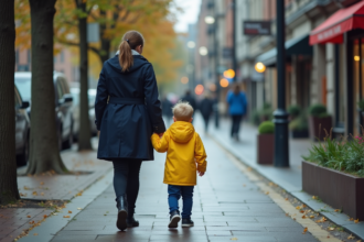 Femme en trench guidant un enfant en jaune dans la ville