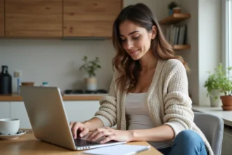 Jeune femme enceinte lisant des conseils en ligne dans la cuisine