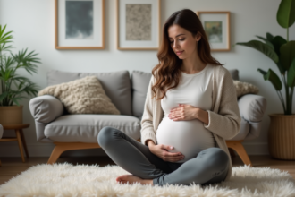 Femme enceinte assise sur un tapis dans un salon cosy