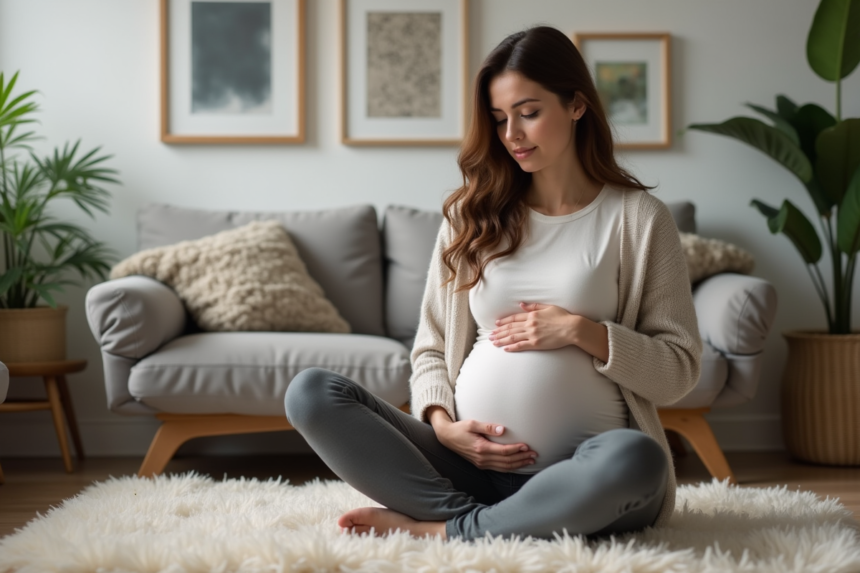 Femme enceinte assise sur un tapis dans un salon cosy