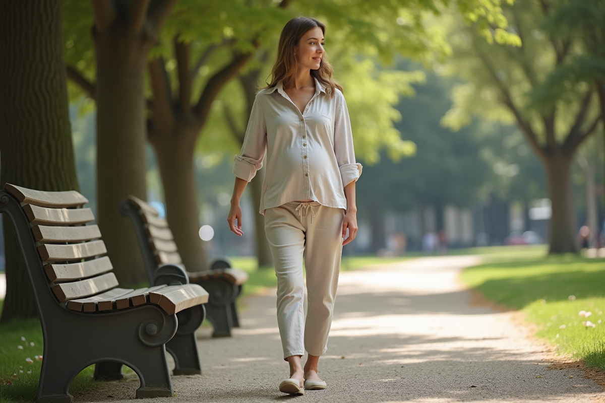 Femme enceinte marchant dans un parc urbain ensoleille