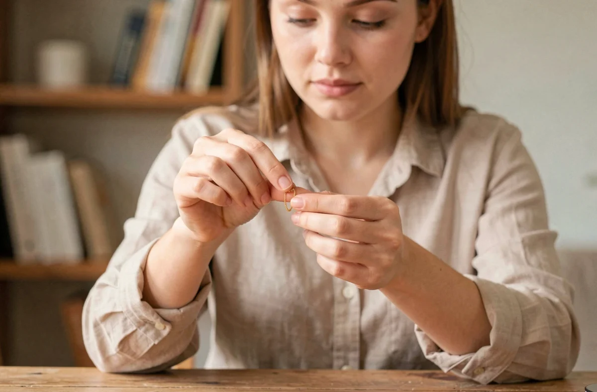 Femme tenant une gourmette en or pour baptême entre ses doigts, examinant les dimensions et le fermoir de près