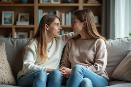 Femme et fille discutent dans un salon chaleureux