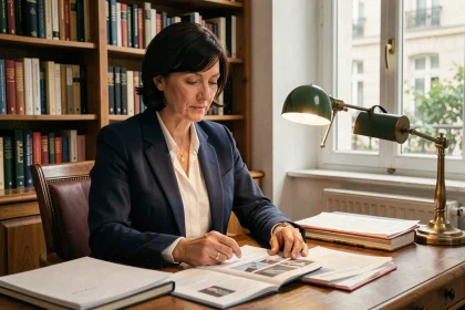 Journaliste et éditorialiste française travaillant dans son bureau privé entouré de livres
