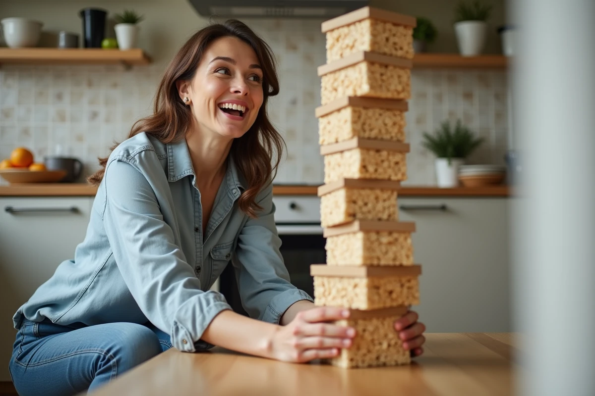 Femme surprise découvrant une tour de céréales dans la cuisine