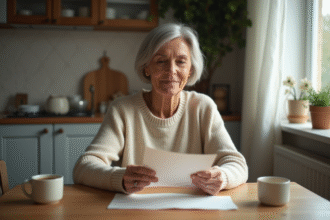 Femme lisant une lettre dans une cuisine chaleureuse
