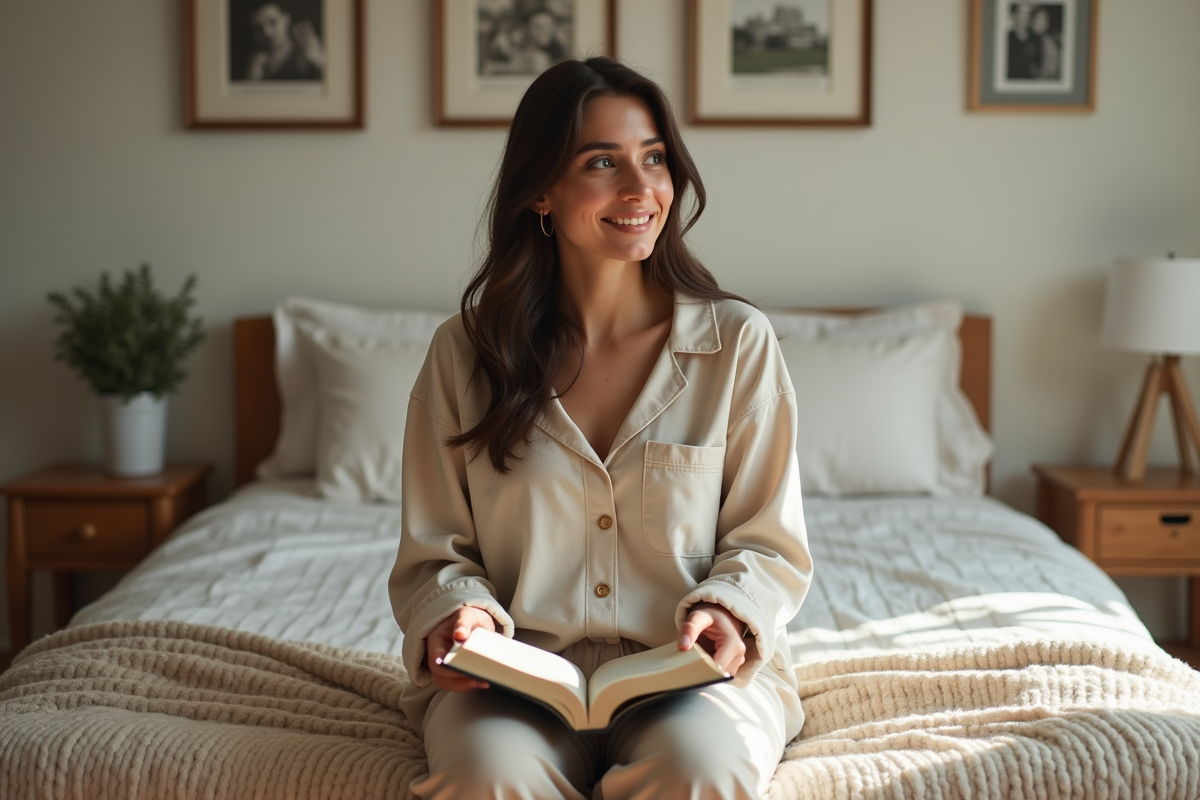 Femme contemplative assise sur le lit dans une chambre lumineuse
