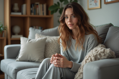 Femme assise sur un canapé dans un cadre familial chaleureux