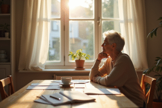 Femme méditative assise à la cuisine le matin
