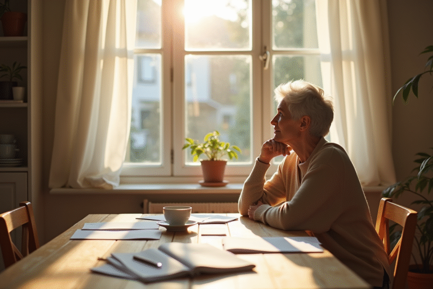 Femme méditative assise à la cuisine le matin
