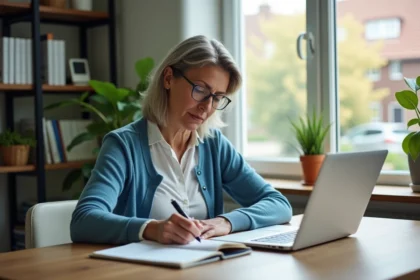 Femme d'âge moyen en cardigan bleu dans un bureau à domicile