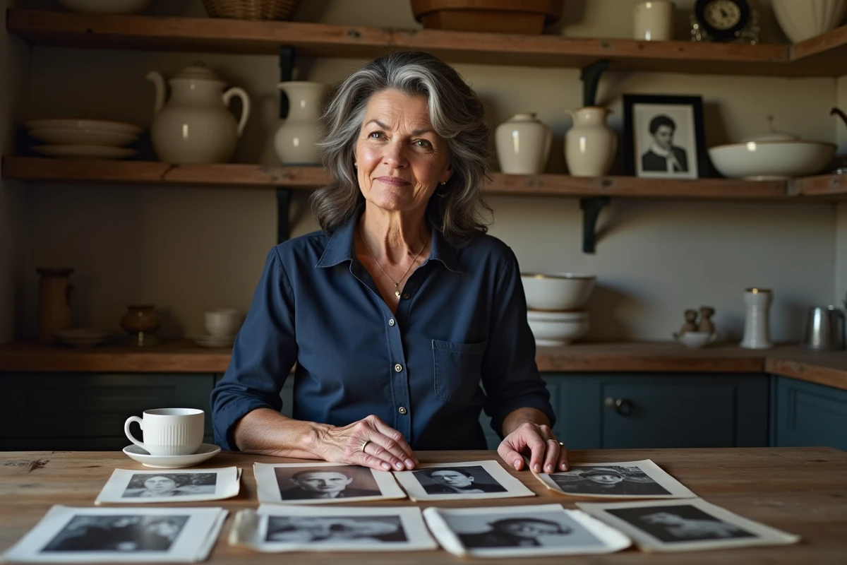 Femme d'âge mûr contemplant des photographies de famille anciennes dans un intérieur de campagne française