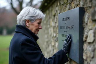Femme âgée posant la main sur une plaque funéraire gravée en granit dans un cimetière en automne