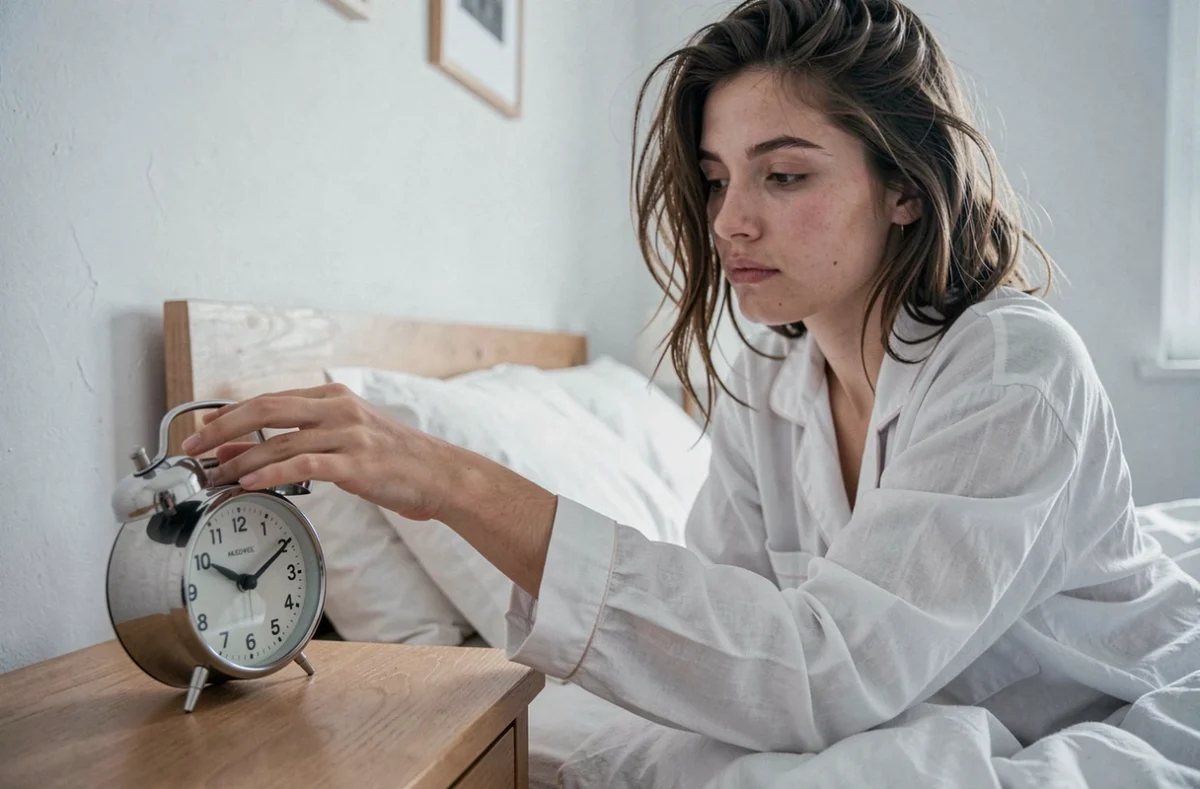 Jeune femme en pyjama appuyant sur le bouton snooze de son réveil bon marché au petit matin