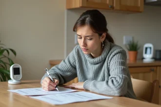 Femme en congé maternité rédigeant une lettre de demande de temps partiel 80% à domicile, entourée de documents administratifs