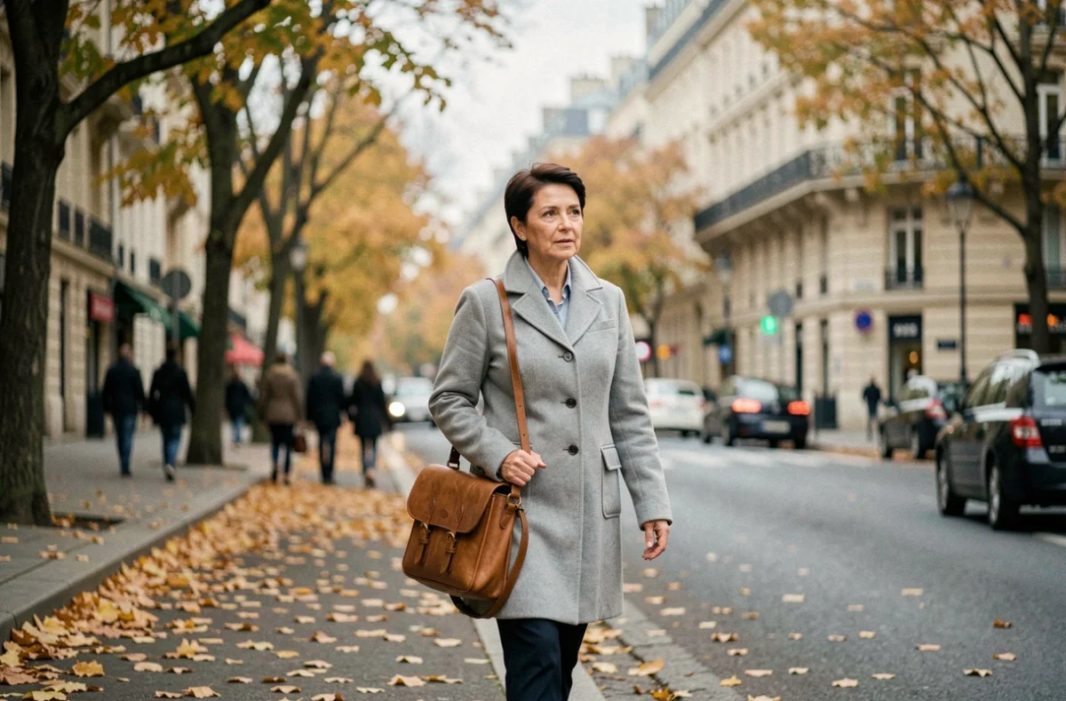 Femme intellectuelle marchant dans une rue parisienne en automne avec une sacoche en cuir