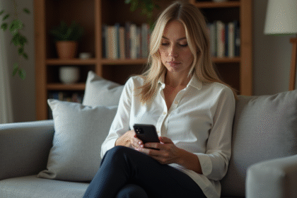 Femme d'âge moyen sur un canapé de salon moderne