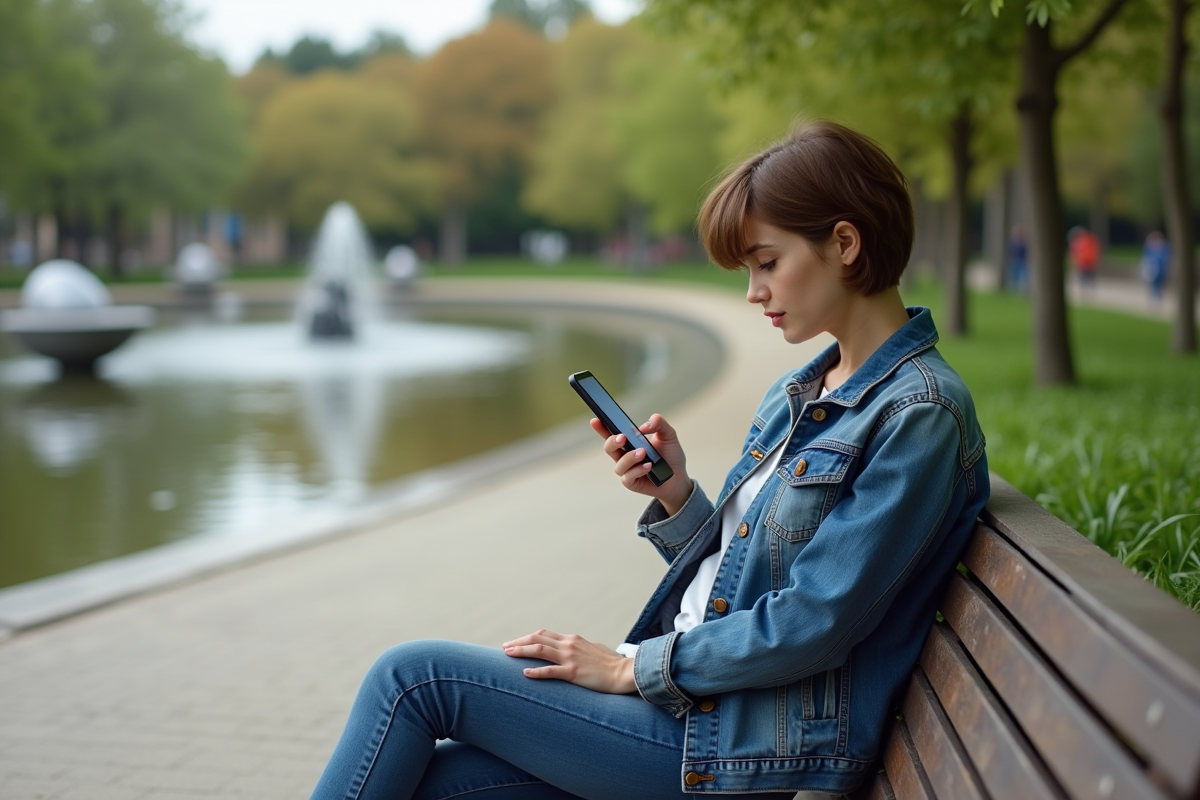 Jeune femme assise sur un banc dans Futuroscope avec smartphone