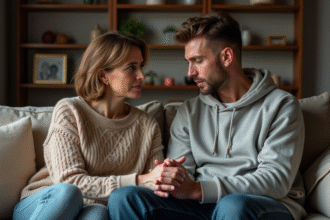 Femme en pull douceur soutenant un jeune homme réfléchi