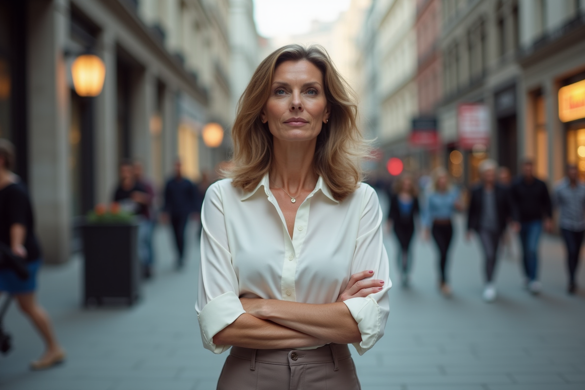 Femme confiante dans une rue urbaine animée
