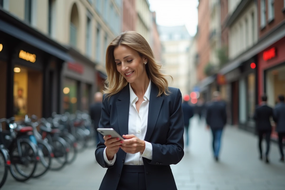 Femme d age moyen marchant dans la ville avec son smartphone