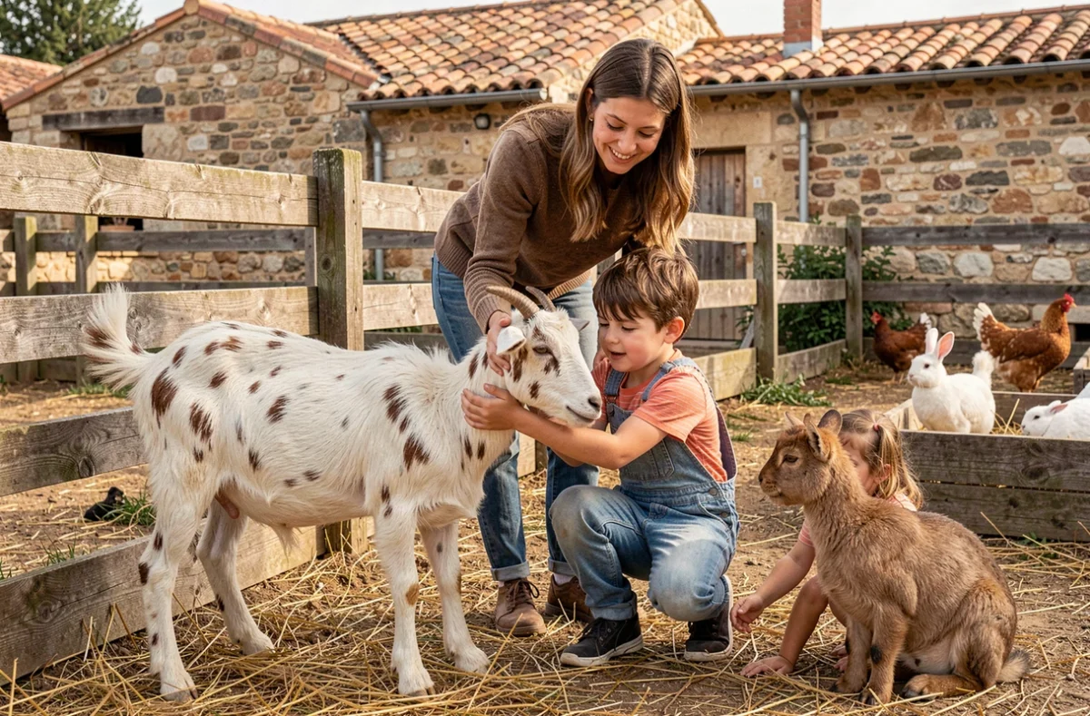 Un jeune garçon caresse une chèvre tachetée dans un enclos de la ferme pédagogique de La Barben