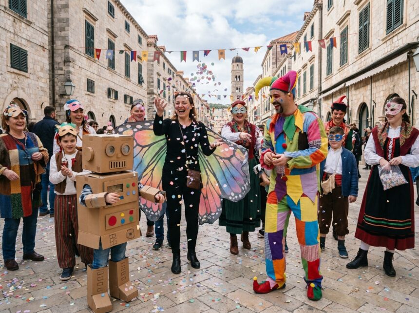 Groupe d'enfants et adultes en costumes de carnaval colorés