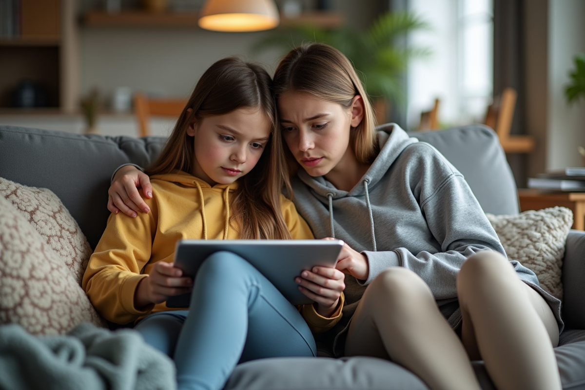 Fille de 13 ans partageant une tablette avec sa mère dans le salon