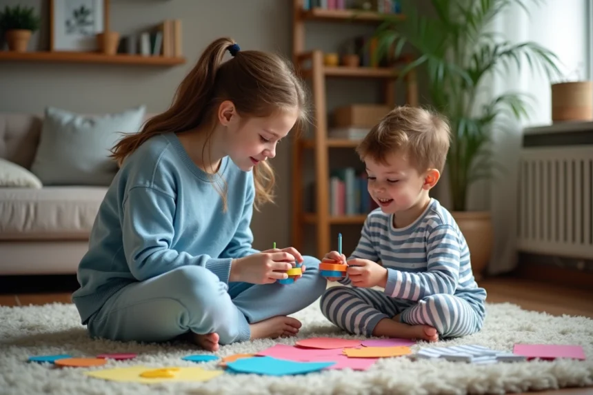 Jeune fille en pull bleu aidant un garçon à faire des arts créatifs