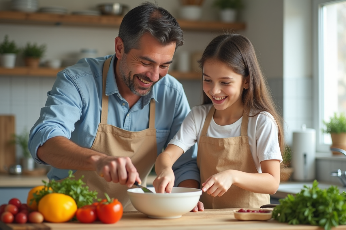 Fille et père préparant un repas dans une cuisine ensoleillée