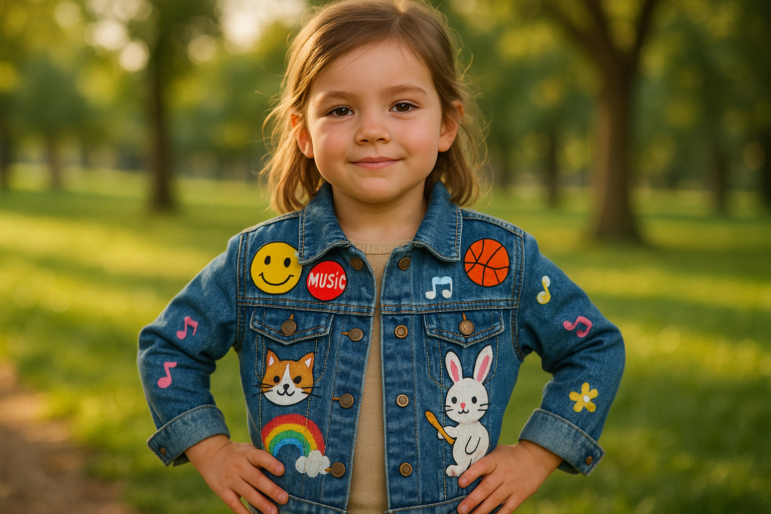 Petite fille en veste en jean décorée dans un parc ensoleille