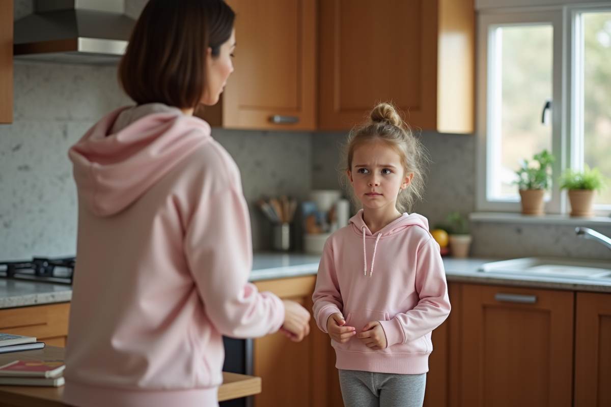 Fille de 9 ans en hoodie rose et leggings gris dans la cuisine