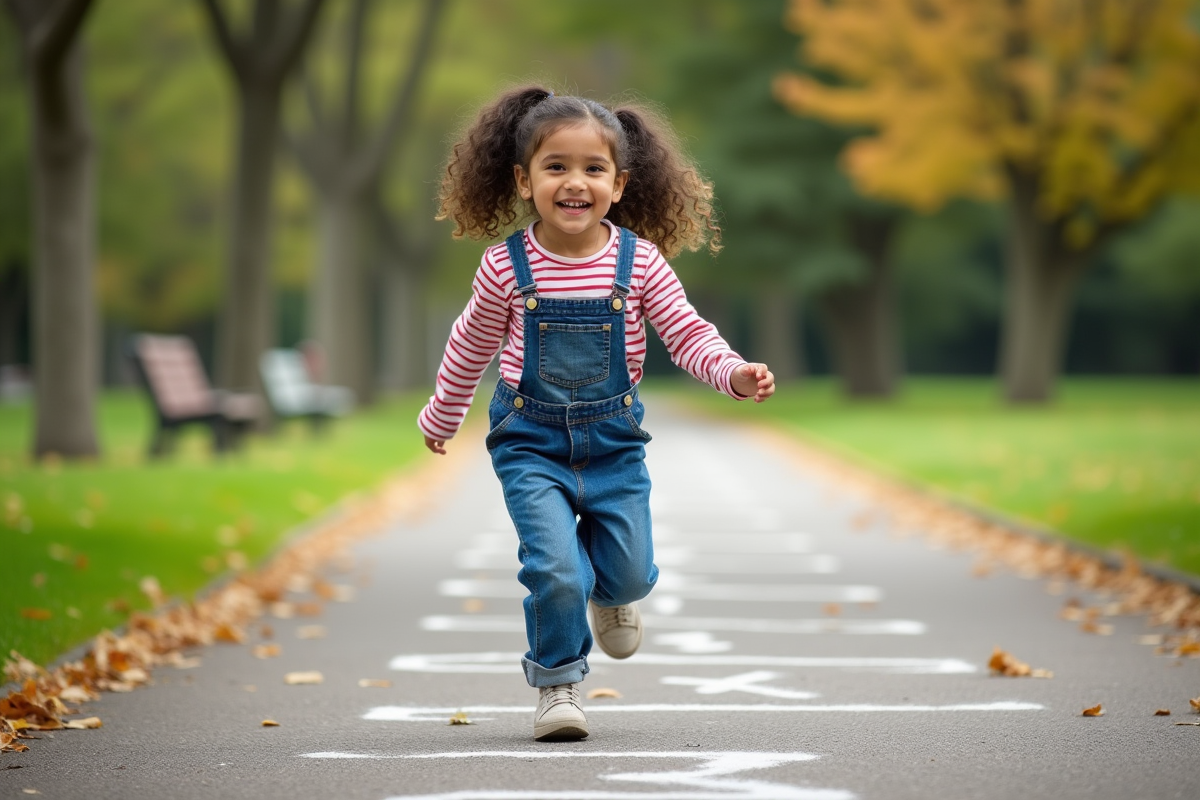 Fille de 7 ans joue au marelle dans un parc