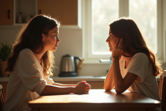 Fille adolescente et sa mère à la cuisine en réflexion