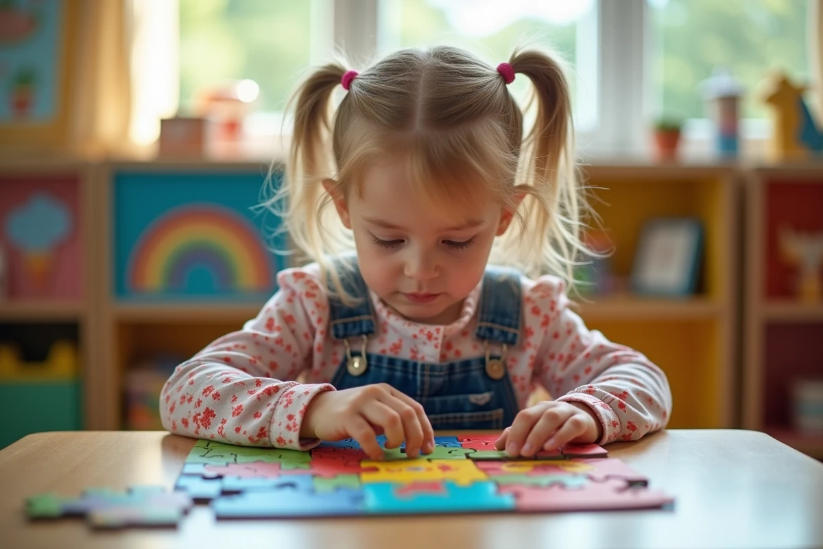 Fille de 4 ans concentrée sur un puzzle dans une classe lumineuse