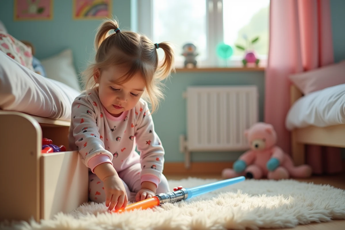 Fille en pyjama cherchant un sabre laser dans sa chambre