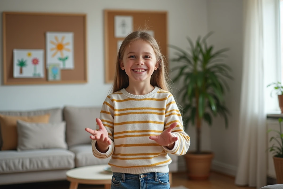 Fille souriante lançant un défi à ses amis à la maison