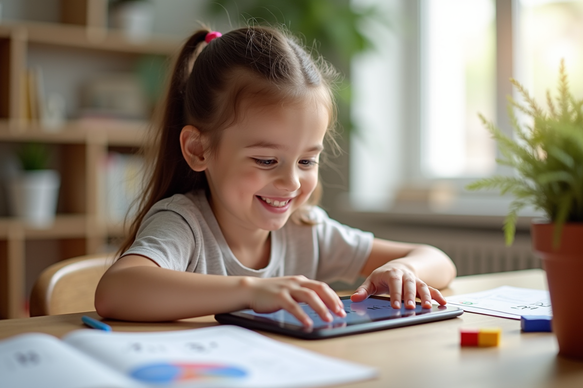 Jeune fille résolvant des fractions sur une tablette