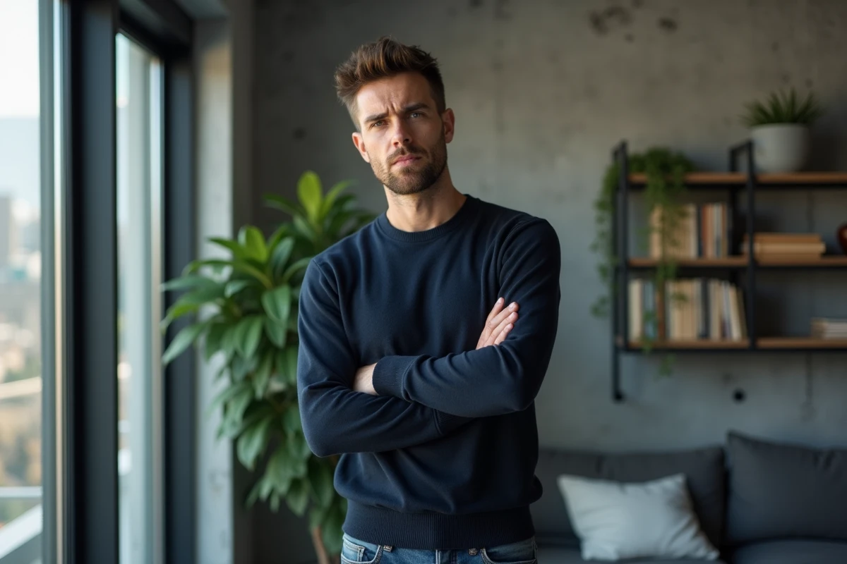 Fils adulte debout près d'une fenêtre, bras croisés, expression fermée, symbolisant la distance et la rupture du lien avec sa mère