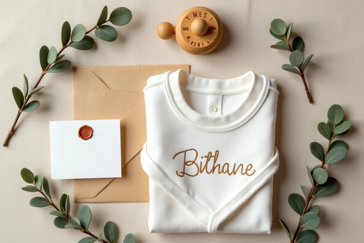 Flat lay d'un ensemble cadeau de naissance personnalisé avec prénom brodé, jouet en bois gravé et carte manuscrite sur lin naturel