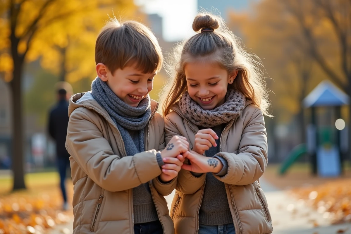 Frère et sœur enfants jouant avec tatouages dans un parc en automne