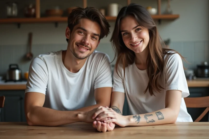 Frère et sœur jeunes pressant des tatouages sur leurs bras dans la cuisine
