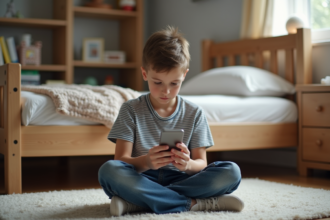 Garçon de 10 ans regardant son smartphone dans sa chambre