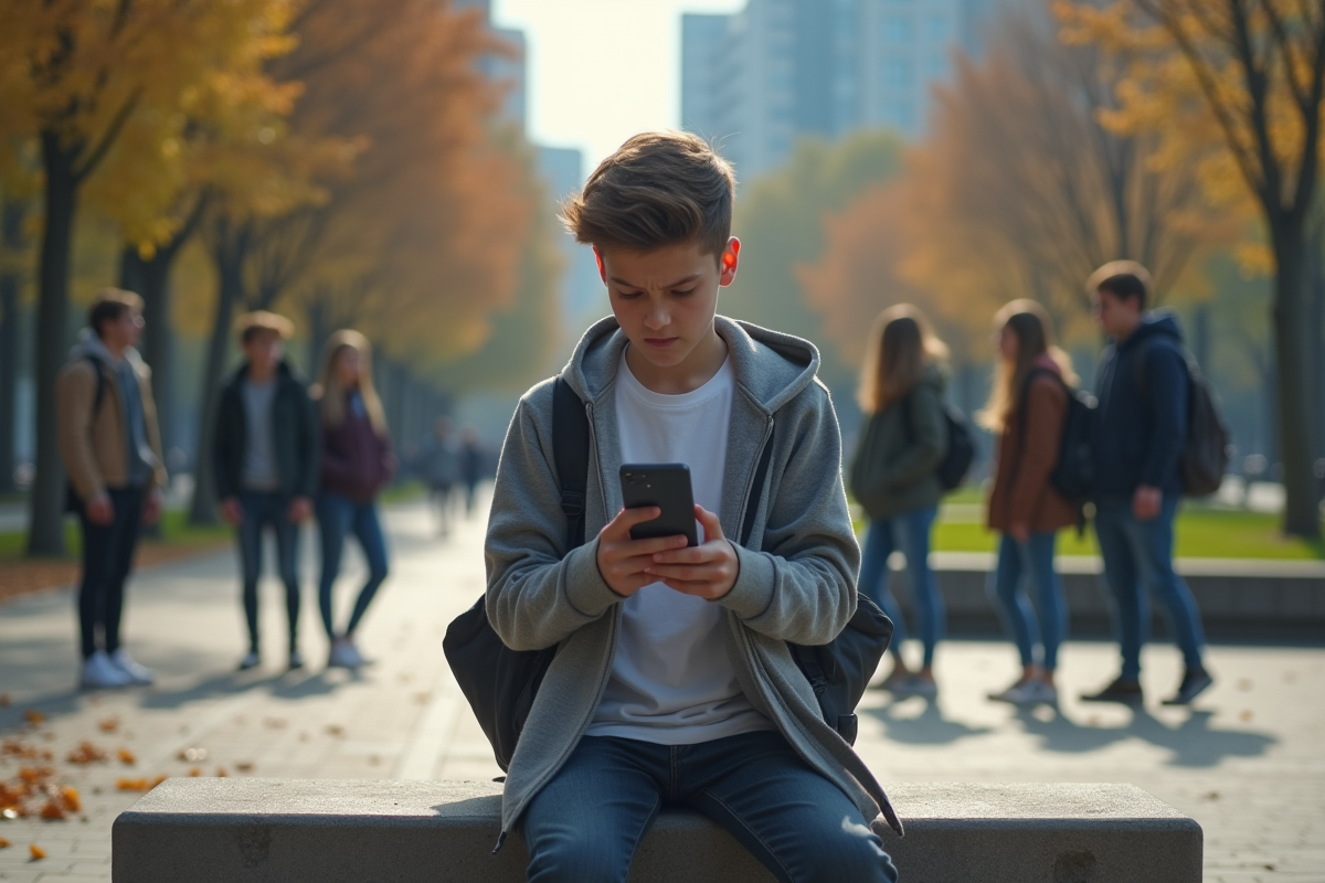 Garçon adolescent seul sur un banc dans un parc urbain