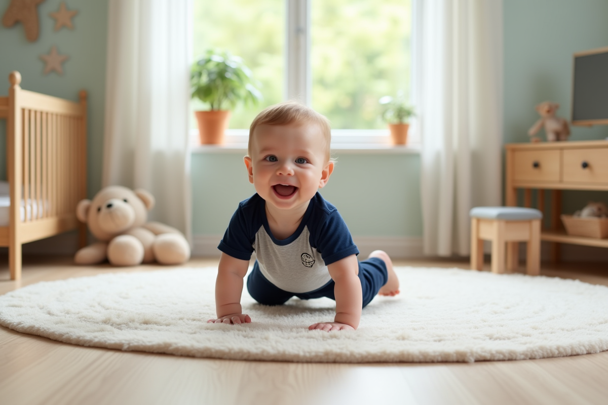 Bebe garçon de 1 an en jogging qui rampe dans la nurserie