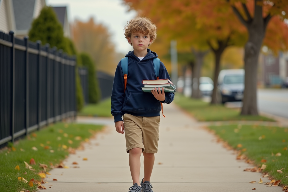Garçon portant des livres dans une rue de banlieue
