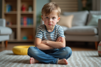 Garçon de 7 ans en t-shirt rayé et jeans assis en tailleur dans le salon